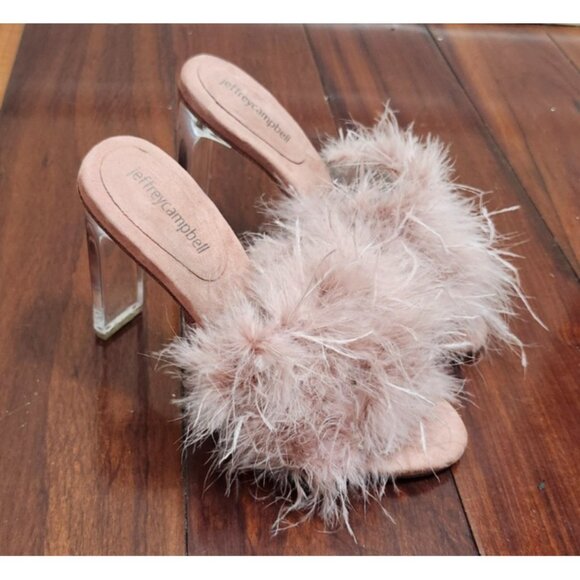 FREE PEOPLE X JEFFREY CAMPBELL Sz 7 DAISY FEATHER BOA HEELS PINK - Picture 2 of 13
